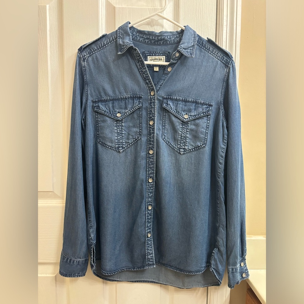 Express Denim Chambray Button Down Boyfriend Utility Long Sleeve Tunic Small